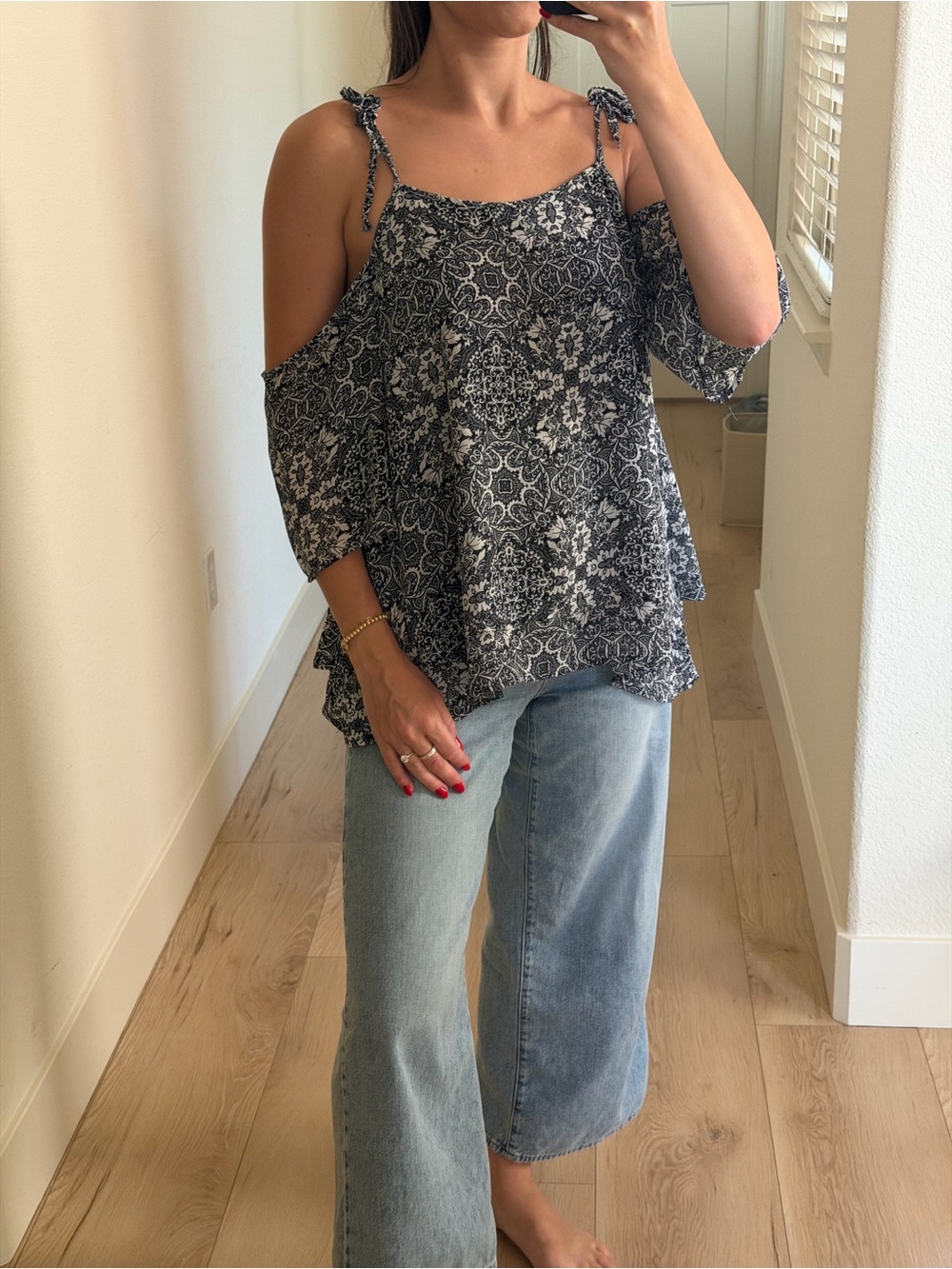 Blue and white cold shoulder top